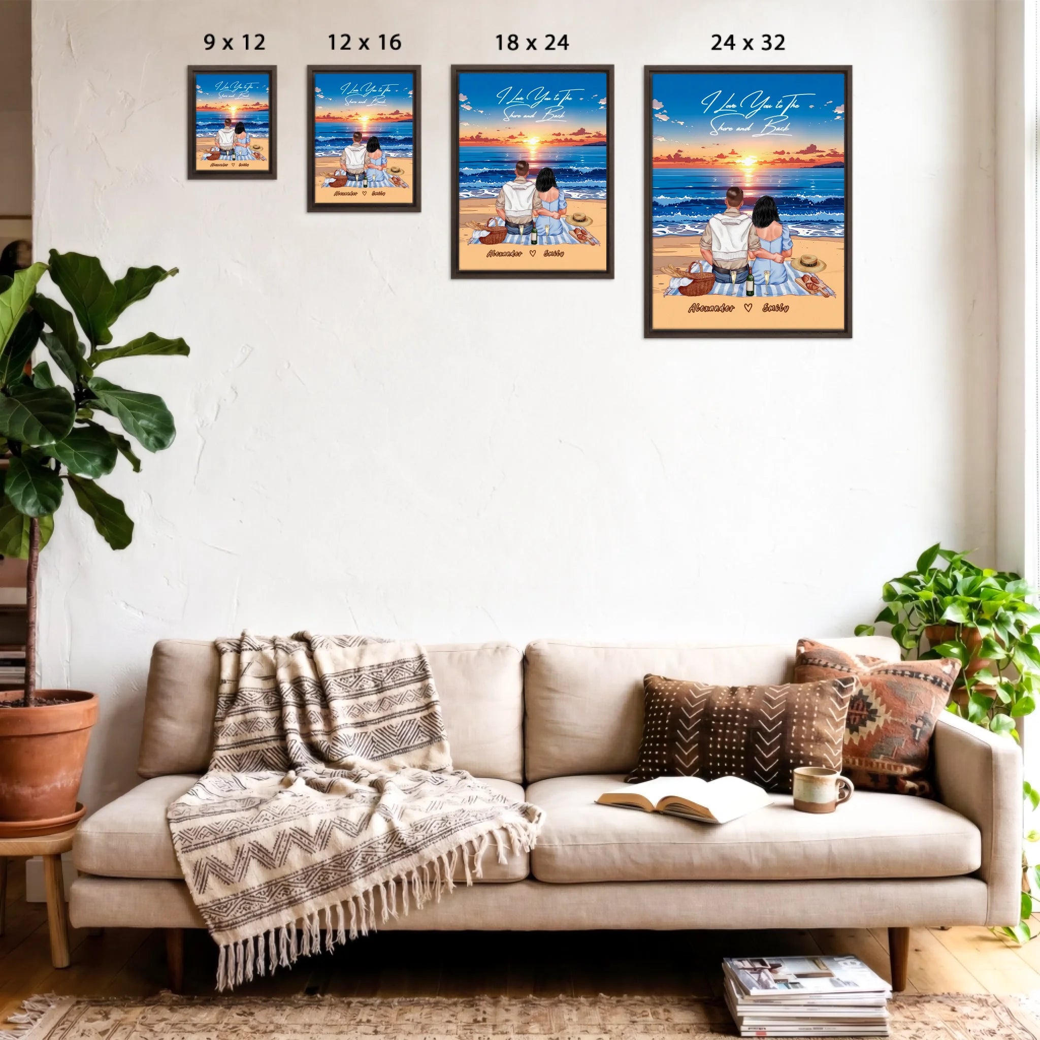 Personalized couple framed canvas of two people sitting together on a beach picnic blanket at sunset, with a custom romantic quote above the ocean and their names written in the sand — LOVECOUPLET