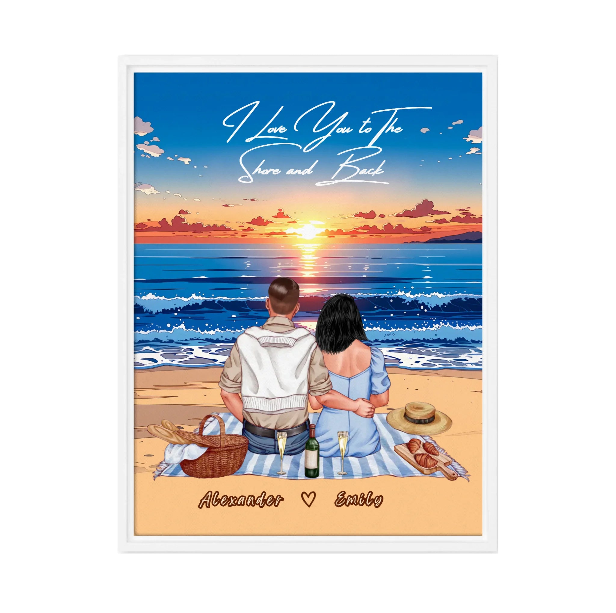 Personalized couple framed canvas of two people sitting together on a beach picnic blanket at sunset, with a custom romantic quote above the ocean and their names written in the sand — LOVECOUPLET