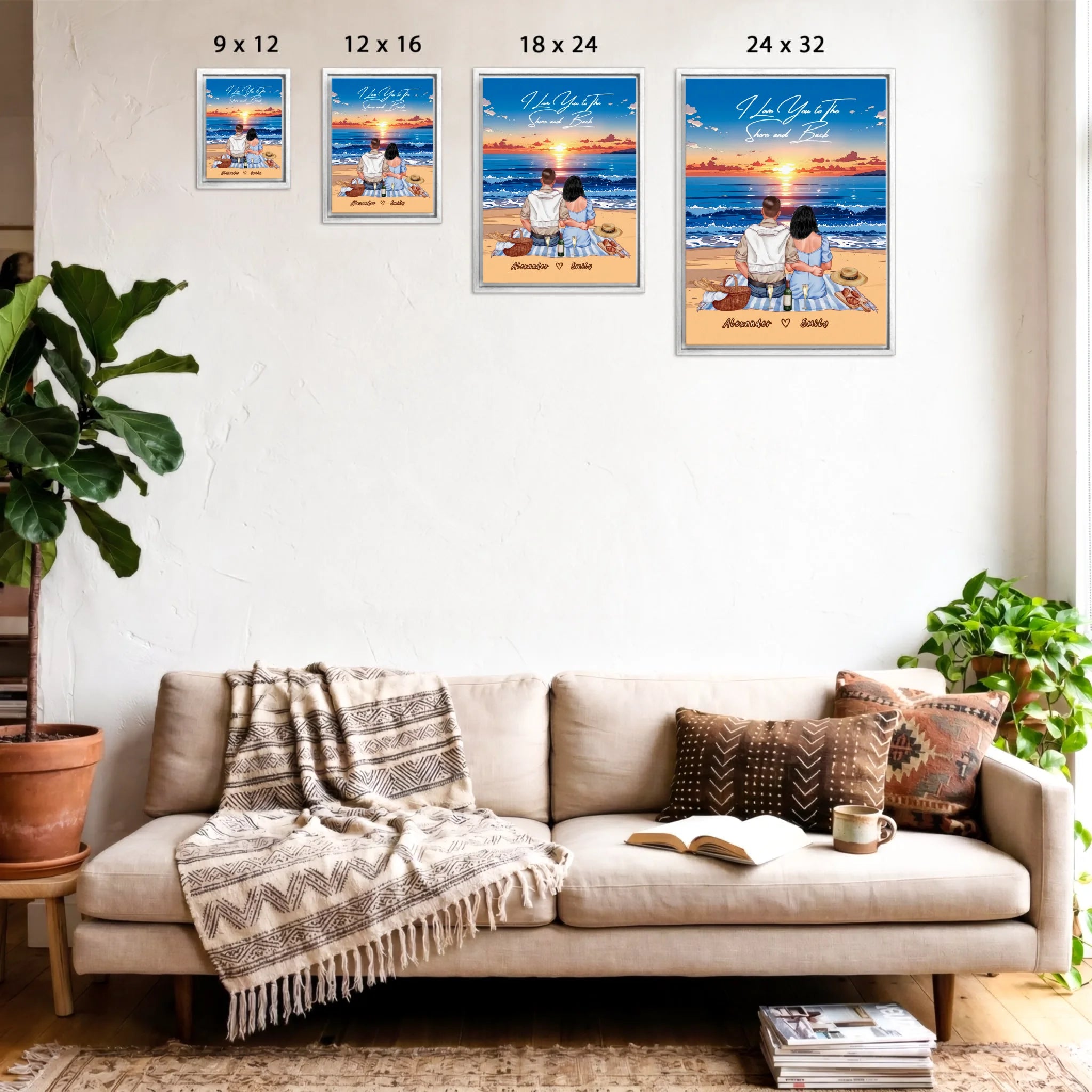 Personalized couple framed canvas of two people sitting together on a beach picnic blanket at sunset, with a custom romantic quote above the ocean and their names written in the sand — LOVECOUPLET