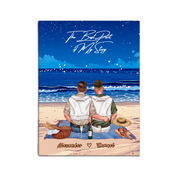 Personalized gay couple canvas of two people sitting together on a beach picnic blanket at sunset, with a custom romantic quote above the ocean and their names written in the sand — LOVECOUPLET