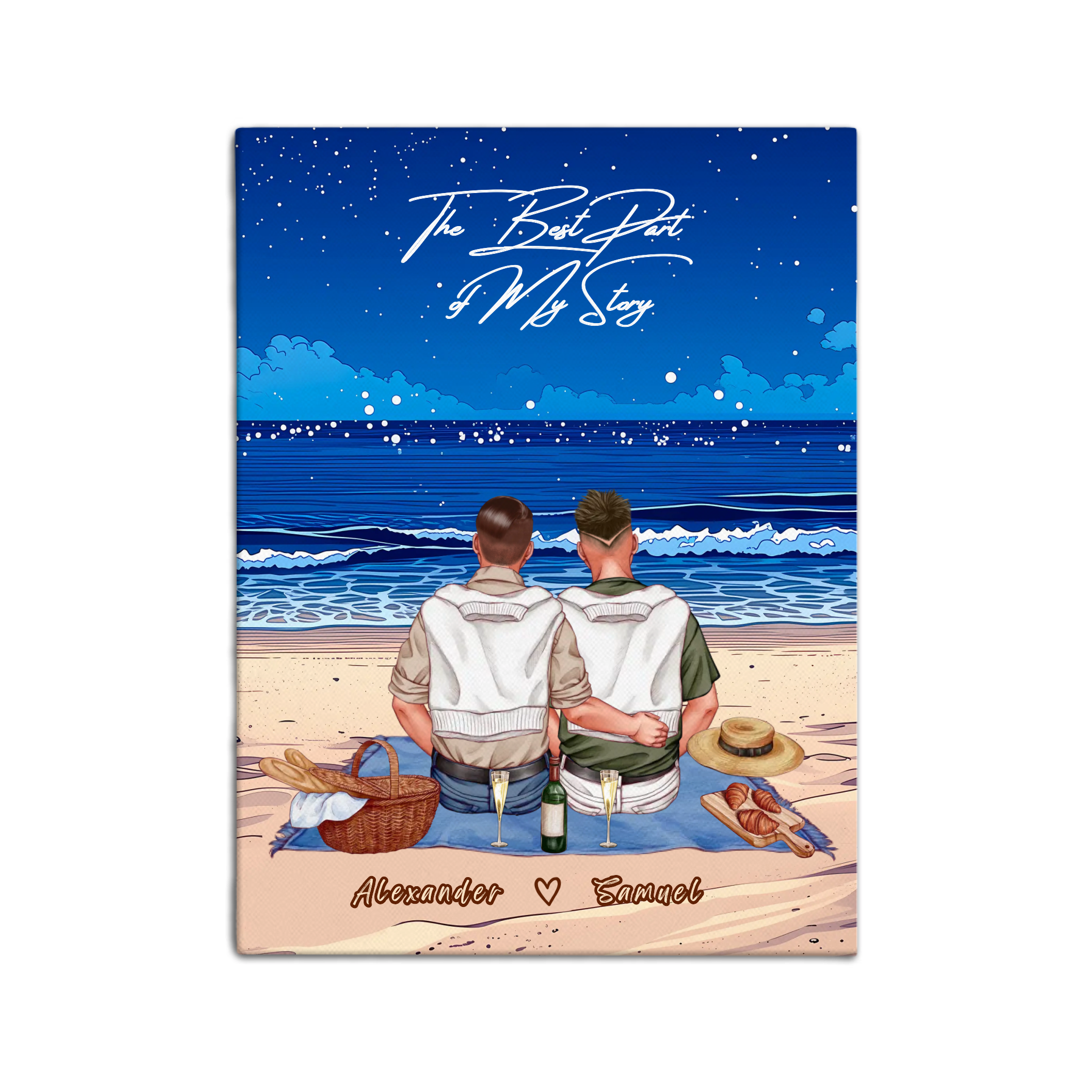 Personalized gay couple canvas of two people sitting together on a beach picnic blanket at sunset, with a custom romantic quote above the ocean and their names written in the sand — LOVECOUPLET