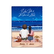 Personalized couple canvas of two people sitting together on a beach picnic blanket at sunset, with a custom romantic quote above the ocean and their names written in the sand — LOVECOUPLET