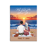 Personalized muslim couple canvas of two people sitting together on a beach picnic blanket at sunset, with a custom romantic quote above the ocean and their names written in the sand — LOVECOUPLET