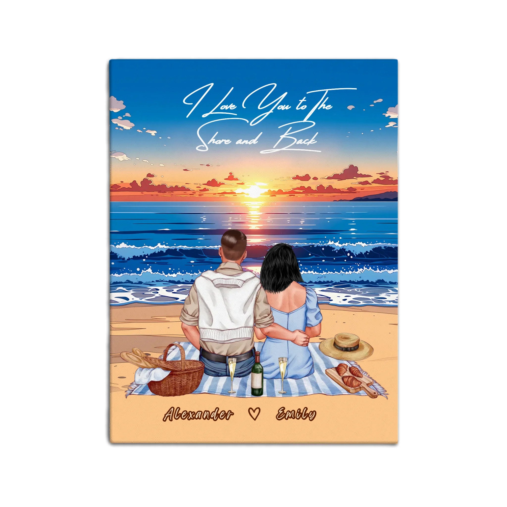 Personalized couple canvas of two people sitting together on a beach picnic blanket at sunset, with a custom romantic quote above the ocean and their names written in the sand — LOVECOUPLET