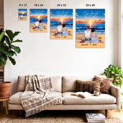 Personalized couple canvas of two people sitting together on a beach picnic blanket at sunset, with a custom romantic quote above the ocean and their names written in the sand — LOVECOUPLET