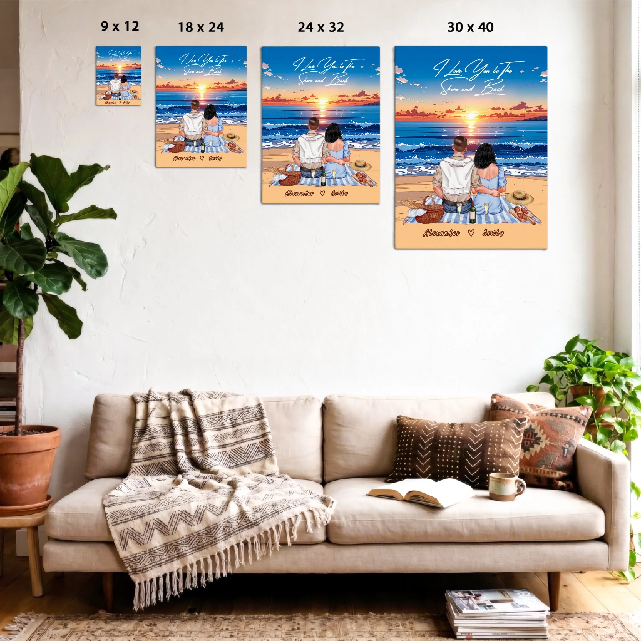 Personalized couple canvas of two people sitting together on a beach picnic blanket at sunset, with a custom romantic quote above the ocean and their names written in the sand — LOVECOUPLET