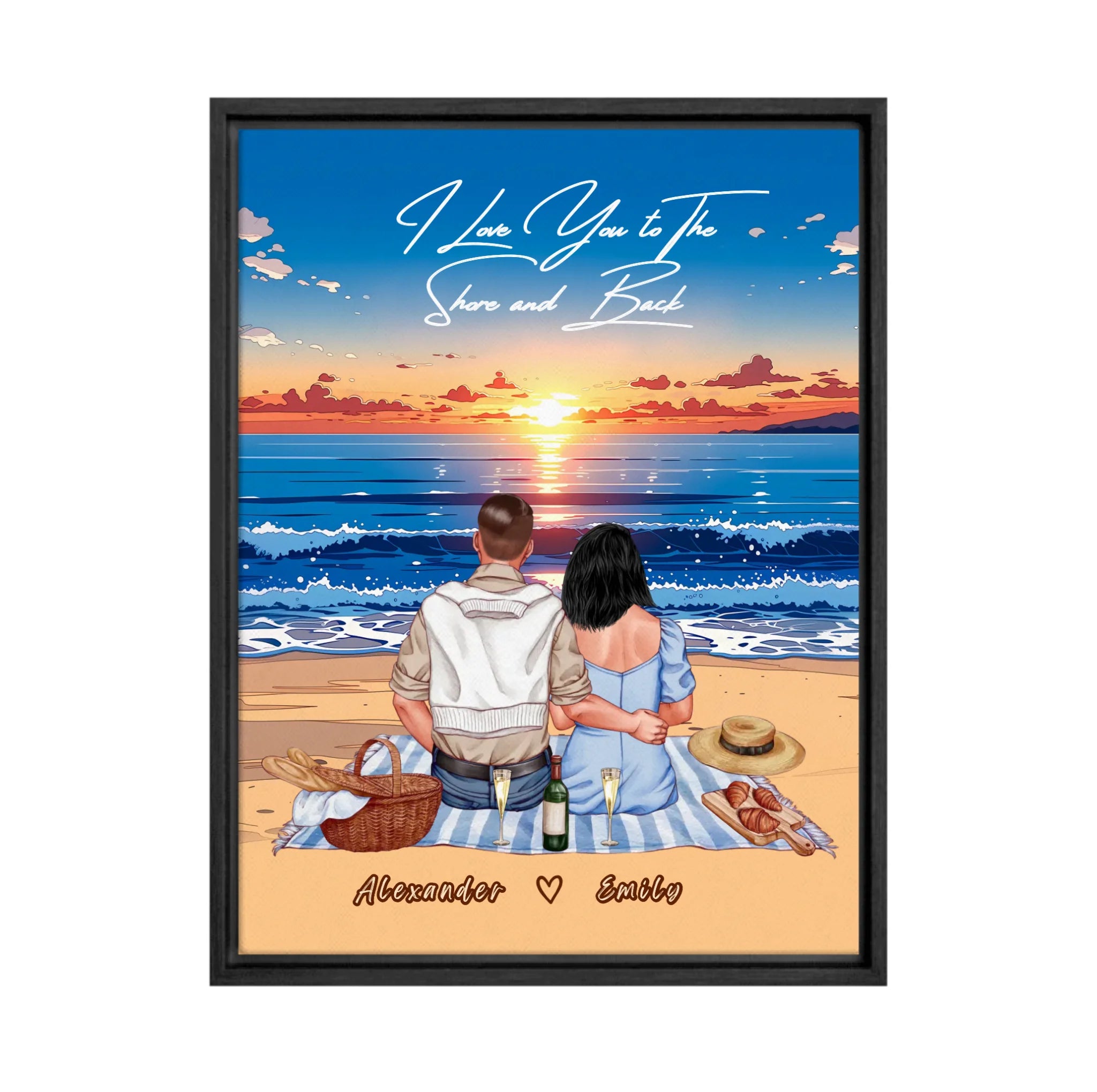 Personalized couple framed canvas of two people sitting together on a beach picnic blanket at sunset, with a custom romantic quote above the ocean and their names written in the sand — LOVECOUPLET