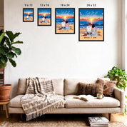 Personalized couple framed canvas of two people sitting together on a beach picnic blanket at sunset, with a custom romantic quote above the ocean and their names written in the sand — LOVECOUPLET