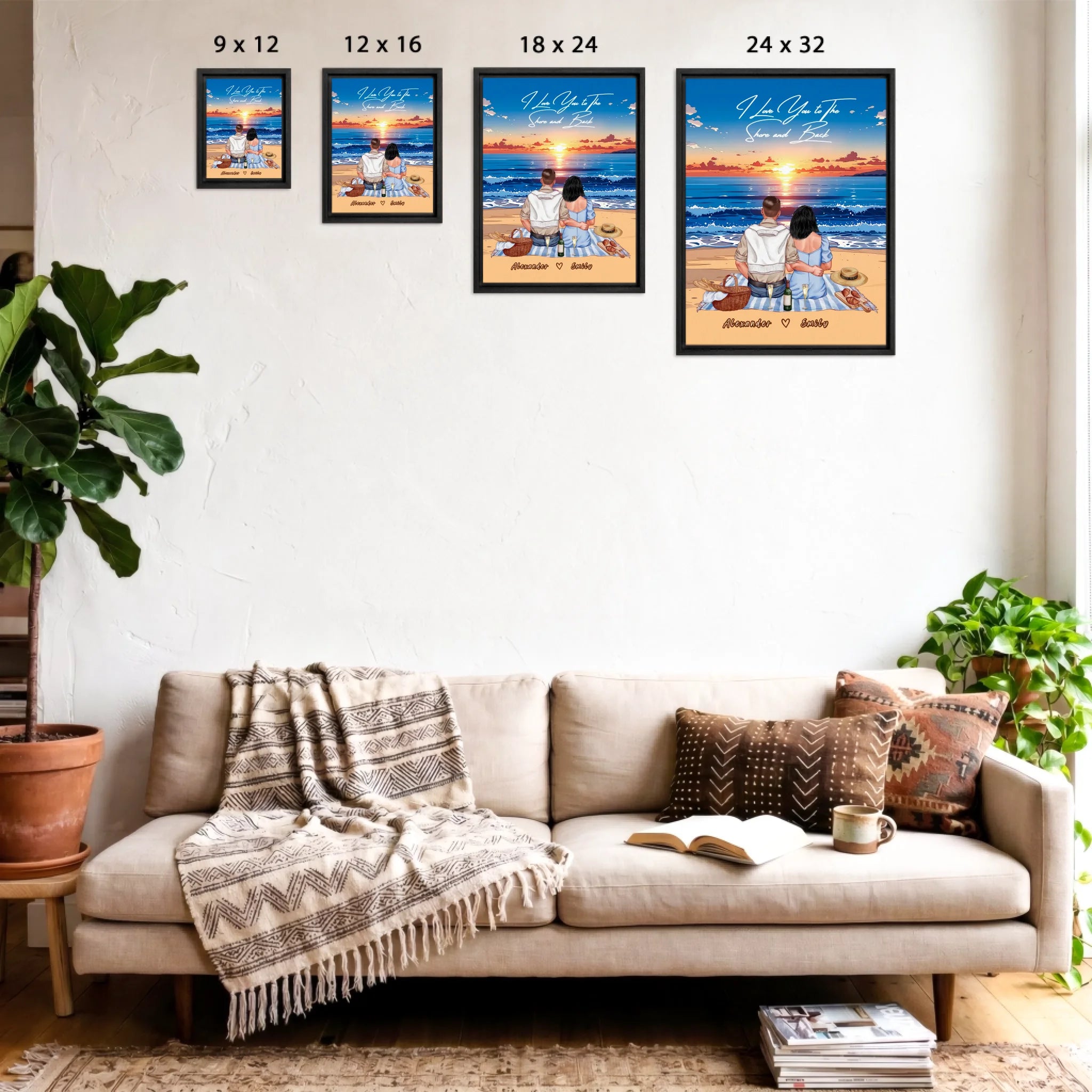 Personalized couple framed canvas of two people sitting together on a beach picnic blanket at sunset, with a custom romantic quote above the ocean and their names written in the sand — LOVECOUPLET