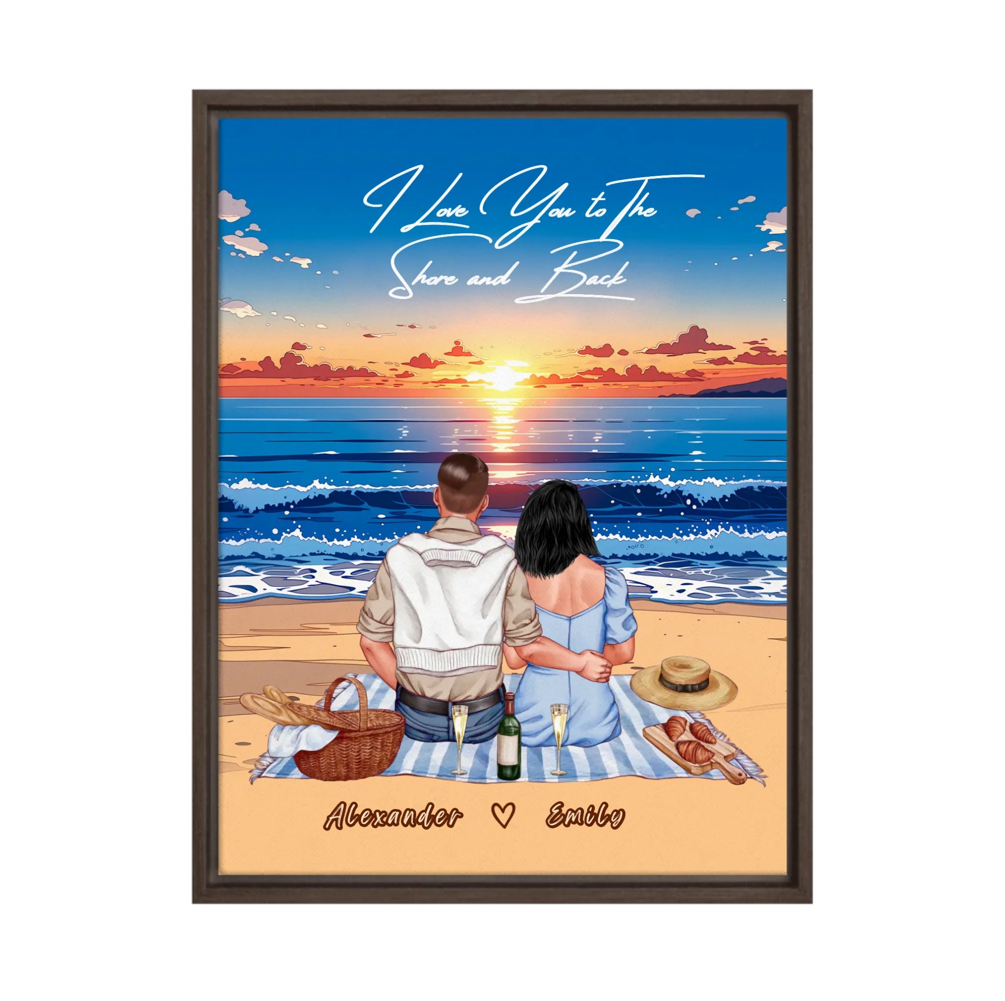 Personalized couple framed canvas of two people sitting together on a beach picnic blanket at sunset, with a custom romantic quote above the ocean and their names written in the sand — LOVECOUPLET