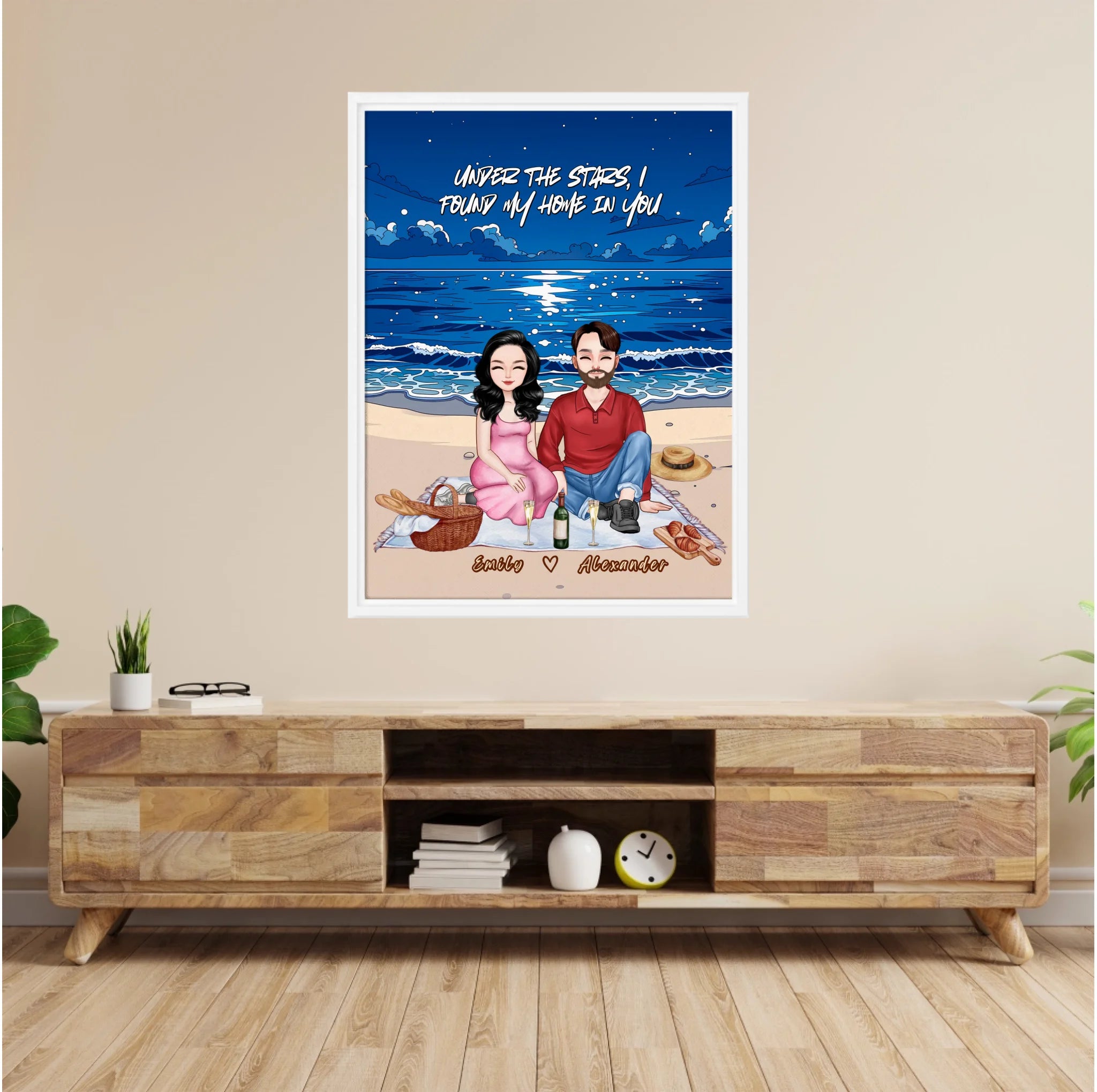 Personalized couple portrait framed canvas of two front-facing people sitting together on a beach picnic blanket under the stars, with customizable facial features, adult and senior couple options — LOVECOUPLET