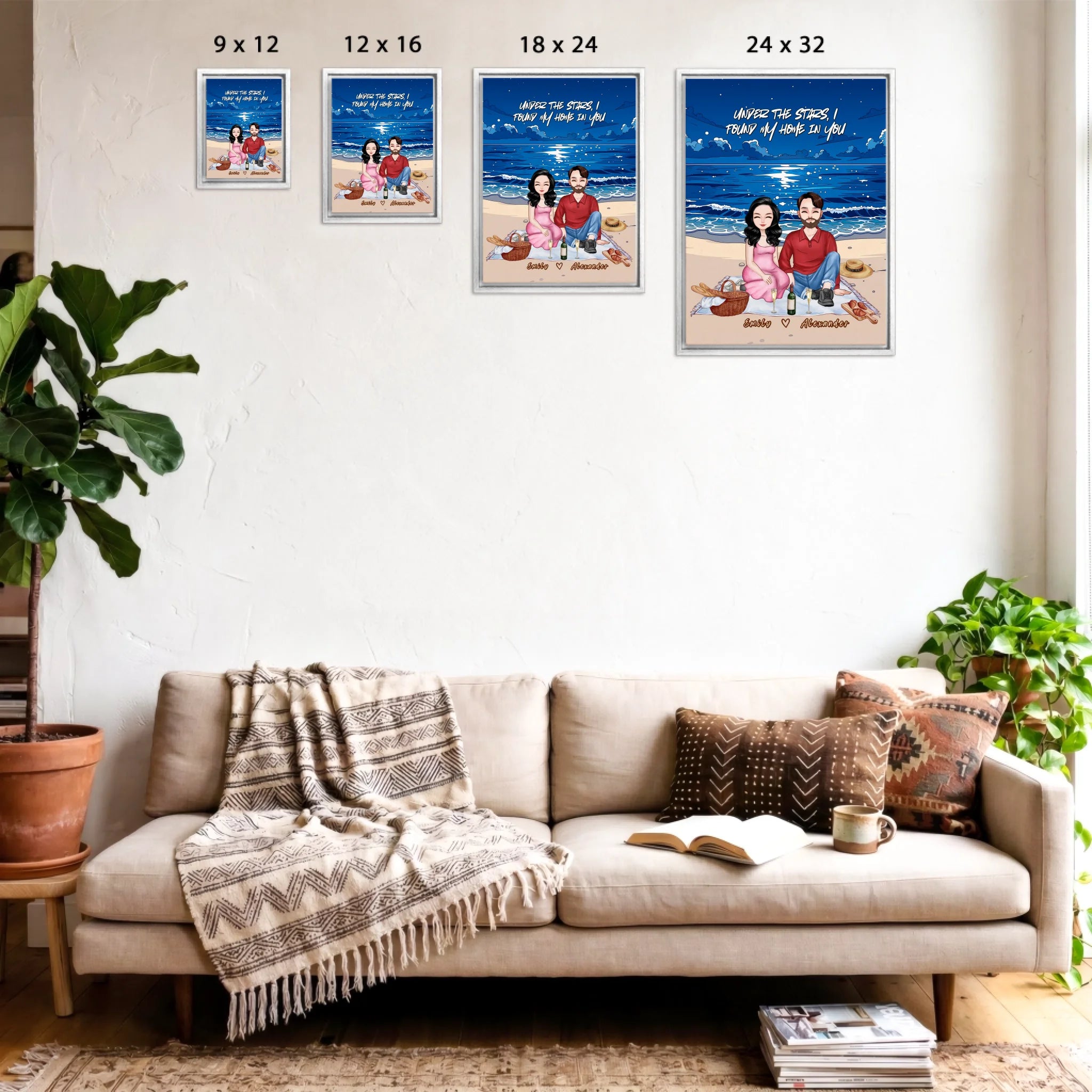 Personalized couple portrait framed canvas of two front-facing people sitting together on a beach picnic blanket under the stars, with customizable facial features, adult and senior couple options — LOVECOUPLET