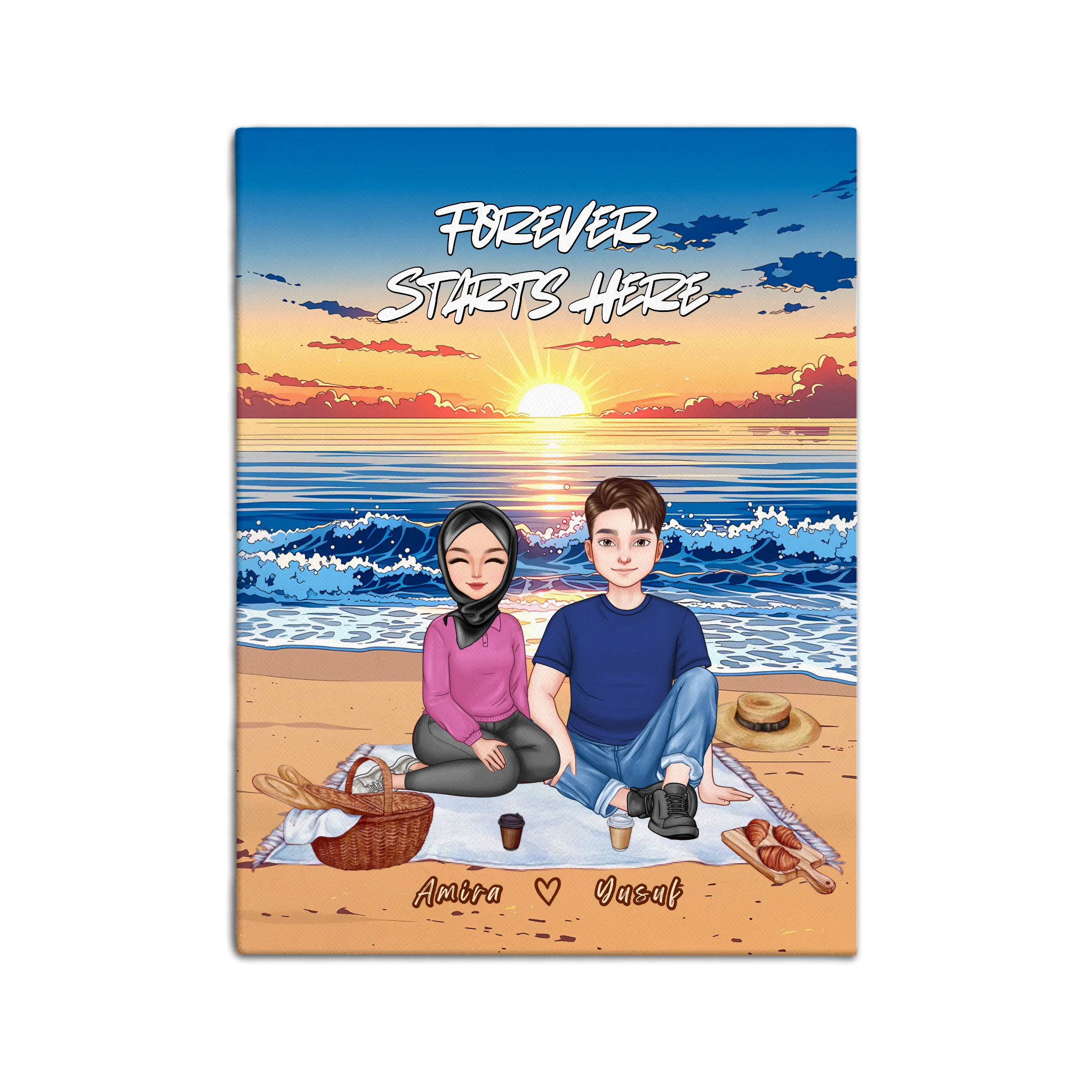 Personalized muslim couple portrait canvas of two front-facing people sitting together on a beach picnic blanket under the stars, with customizable facial features, adult and senior couple options — LOVECOUPLET