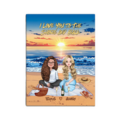 Personalized lesbian couple portrait canvas of two front-facing people sitting together on a beach picnic blanket under the stars, with customizable facial features, adult and senior couple options — LOVECOUPLET