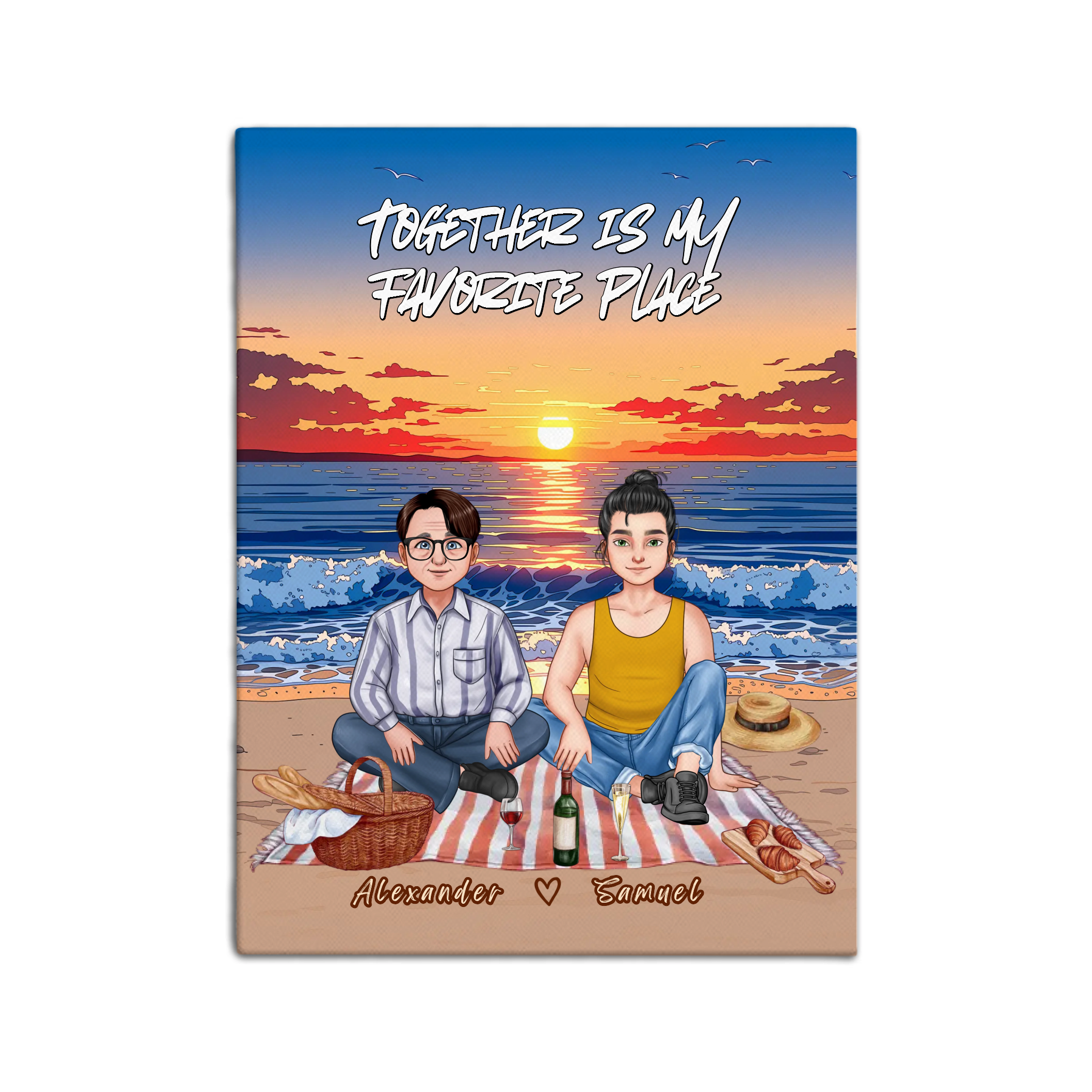 Personalized gay couple portrait canvas of two front-facing people sitting together on a beach picnic blanket under the stars, with customizable facial features, adult and senior couple options — LOVECOUPLET