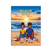 Personalized couple portrait canvas of two front-facing people sitting together on a beach picnic blanket under the stars, with customizable facial features, adult and senior couple options — LOVECOUPLET