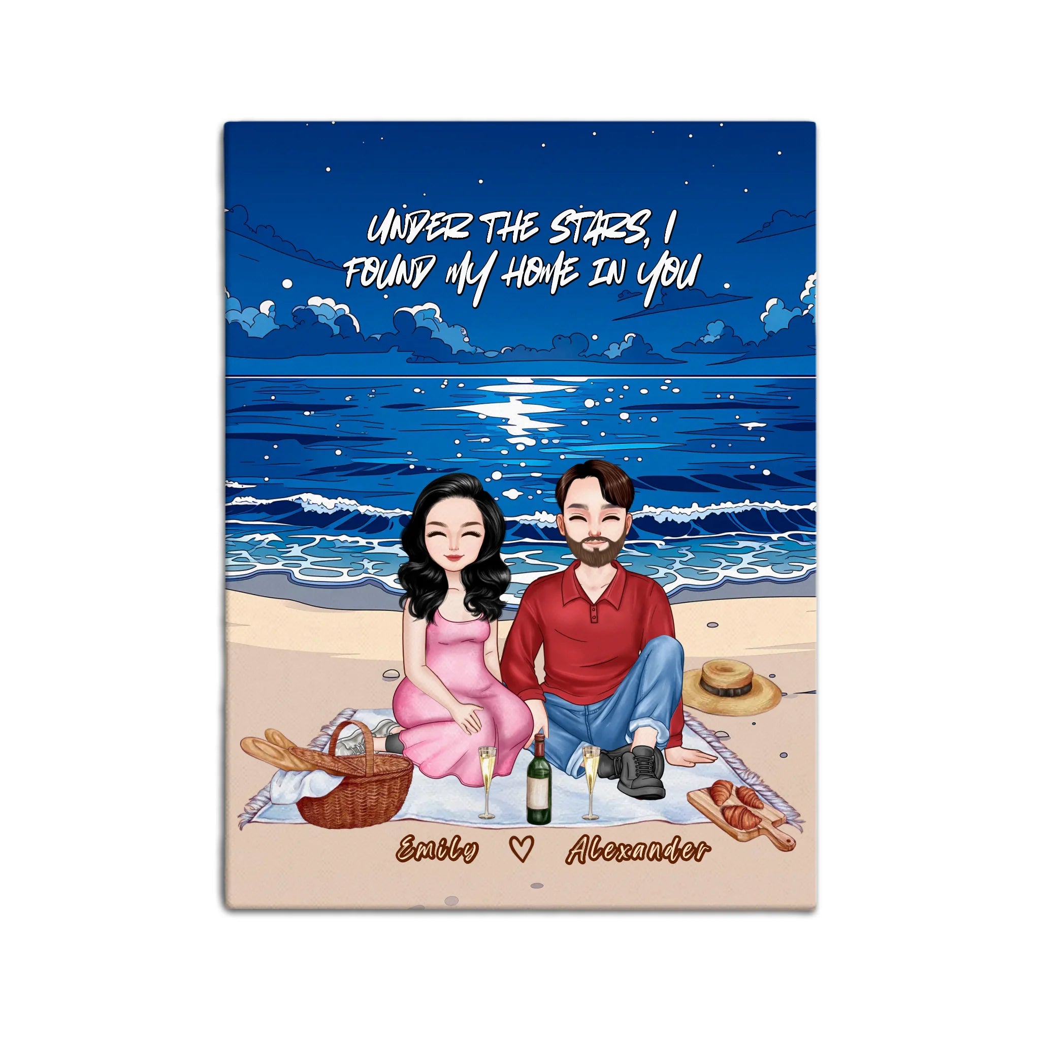 Personalized couple portrait canvas of two front-facing people sitting together on a beach picnic blanket under the stars, with customizable facial features, adult and senior couple options — LOVECOUPLET