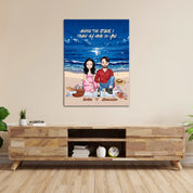 Personalized couple portrait canvas of two front-facing people sitting together on a beach picnic blanket under the stars, with customizable facial features, adult and senior couple options — LOVECOUPLET