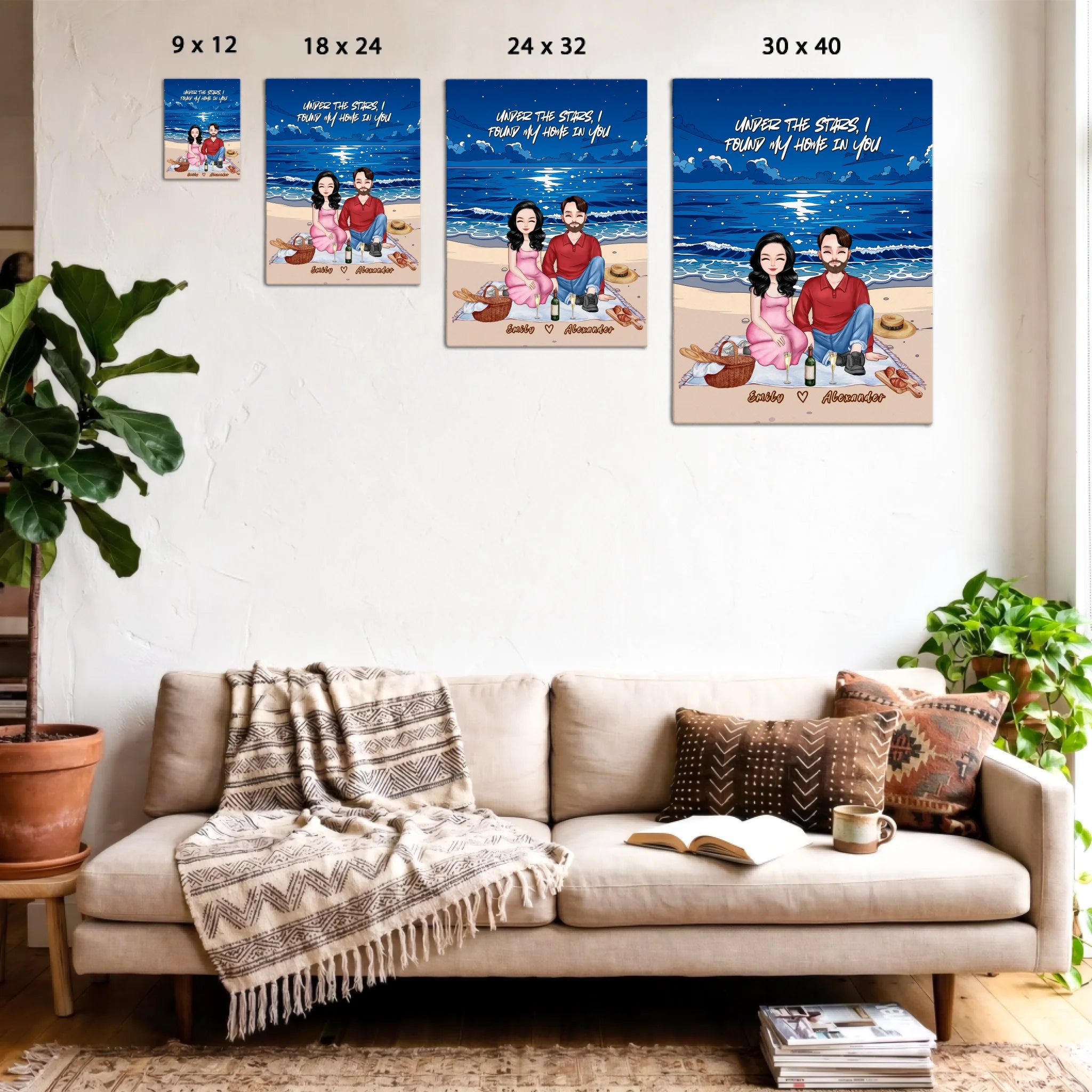 Personalized couple portrait canvas of two front-facing people sitting together on a beach picnic blanket under the stars, with customizable facial features, adult and senior couple options — LOVECOUPLET