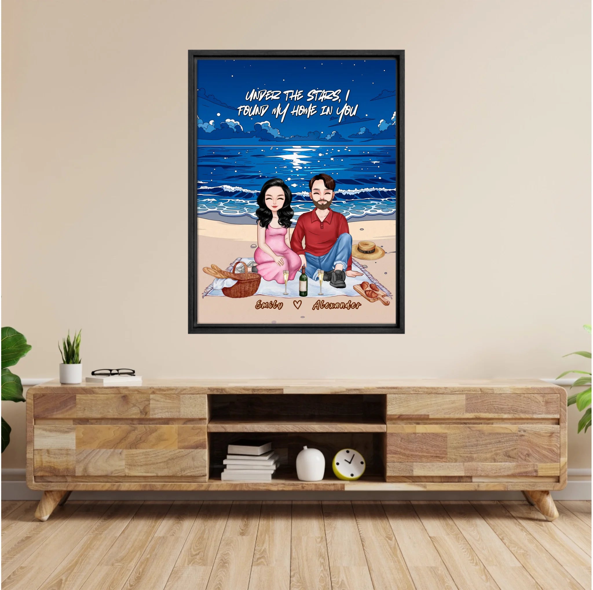 Personalized couple portrait framed canvas of two front-facing people sitting together on a beach picnic blanket under the stars, with customizable facial features, adult and senior couple options — LOVECOUPLET