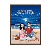 Personalized couple portrait framed canvas of two front-facing people sitting together on a beach picnic blanket under the stars, with customizable facial features, adult and senior couple options — LOVECOUPLET
