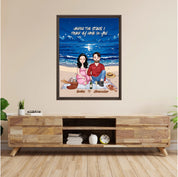 Personalized couple portrait framed canvas of two front-facing people sitting together on a beach picnic blanket under the stars, with customizable facial features, adult and senior couple options — LOVECOUPLET