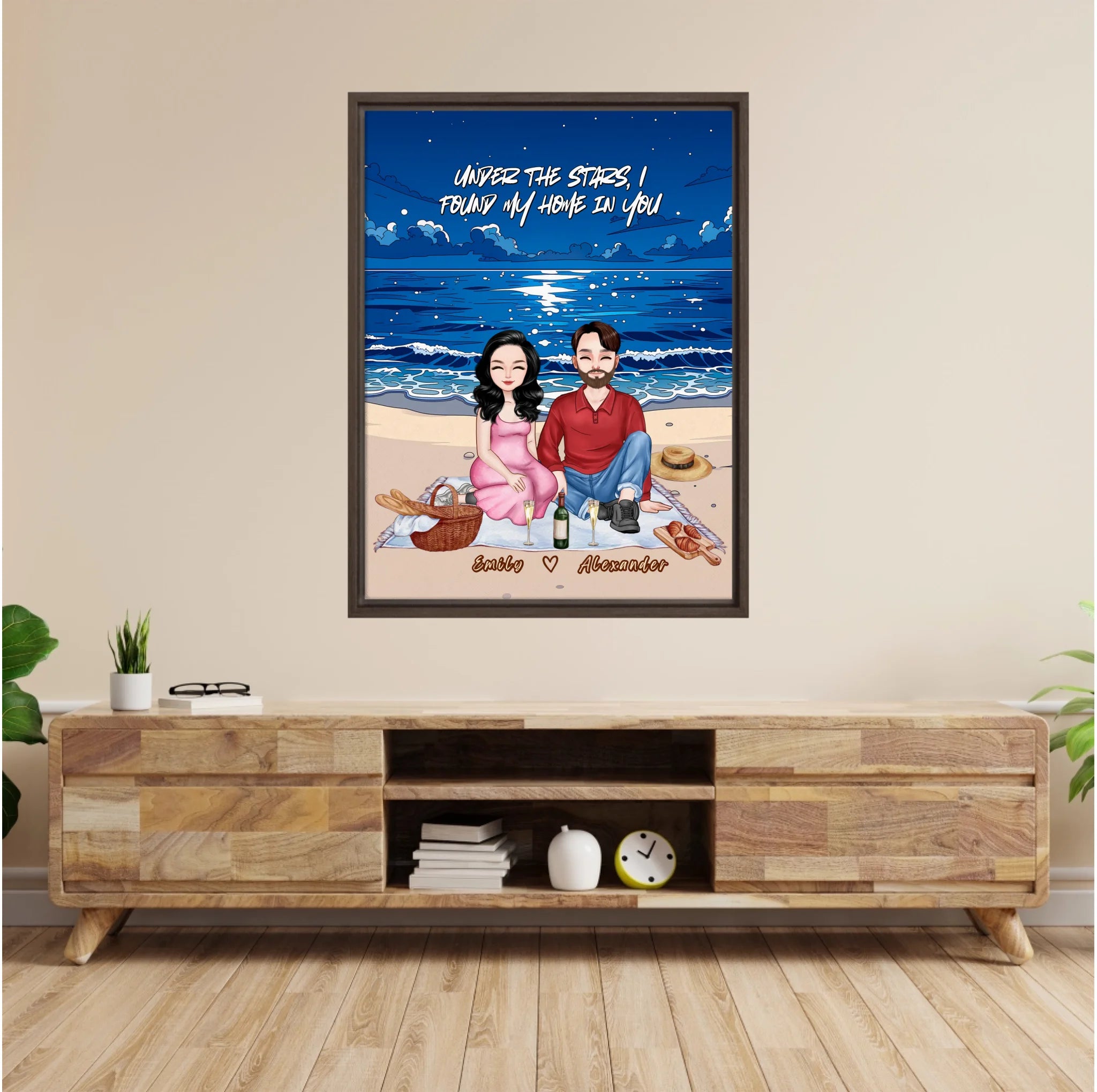 Personalized couple portrait framed canvas of two front-facing people sitting together on a beach picnic blanket under the stars, with customizable facial features, adult and senior couple options — LOVECOUPLET