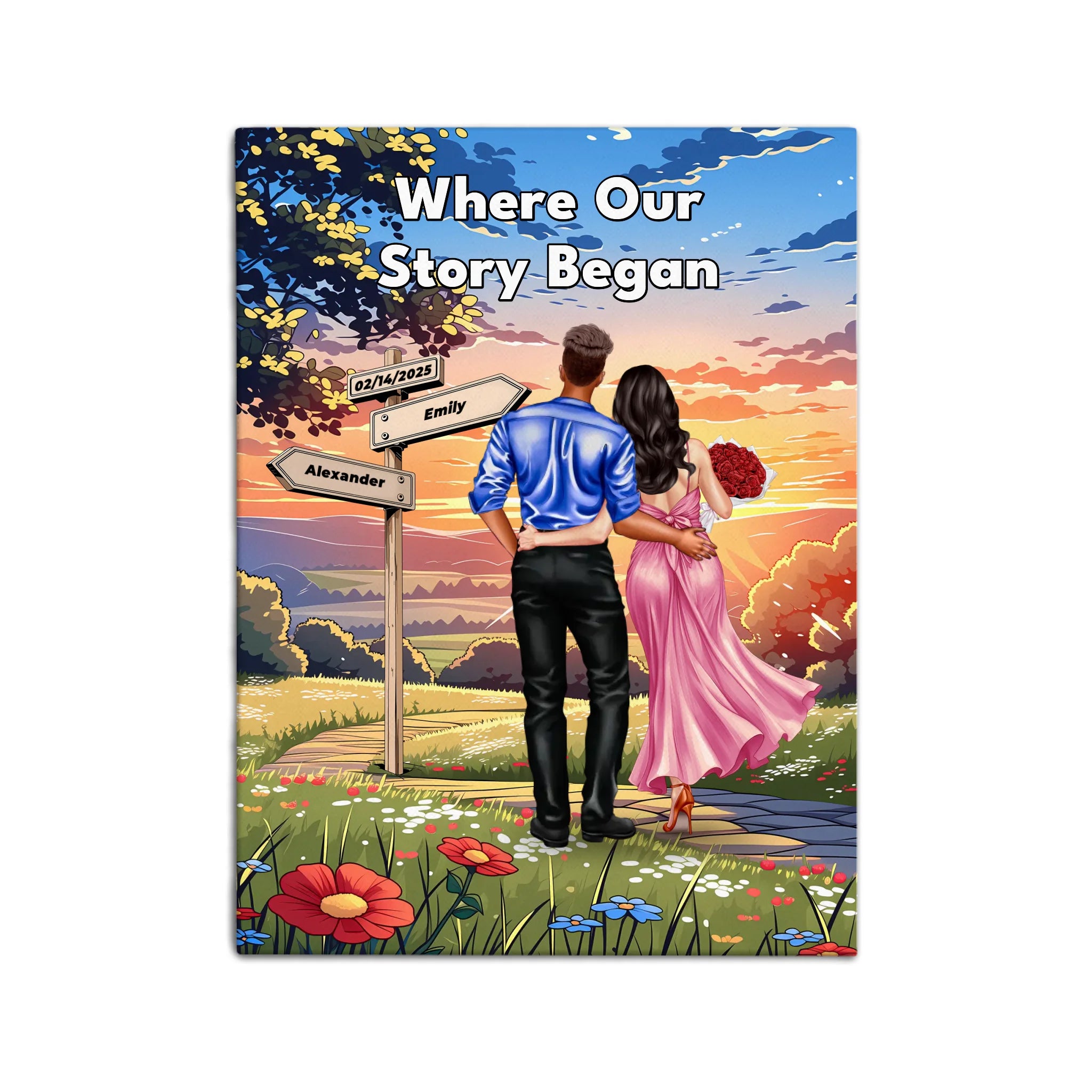 Where Our Story Began personalized couple canvas of two people standing together at sunset with a custom title above them, names and date on a wooden signpost, and personalized characters — LOVECOUPLET