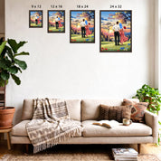 Where Our Story Began personalized couple framed canvas of two people standing together at sunset with a custom title above them, names and date on a wooden signpost, and personalized characters — LOVECOUPLET