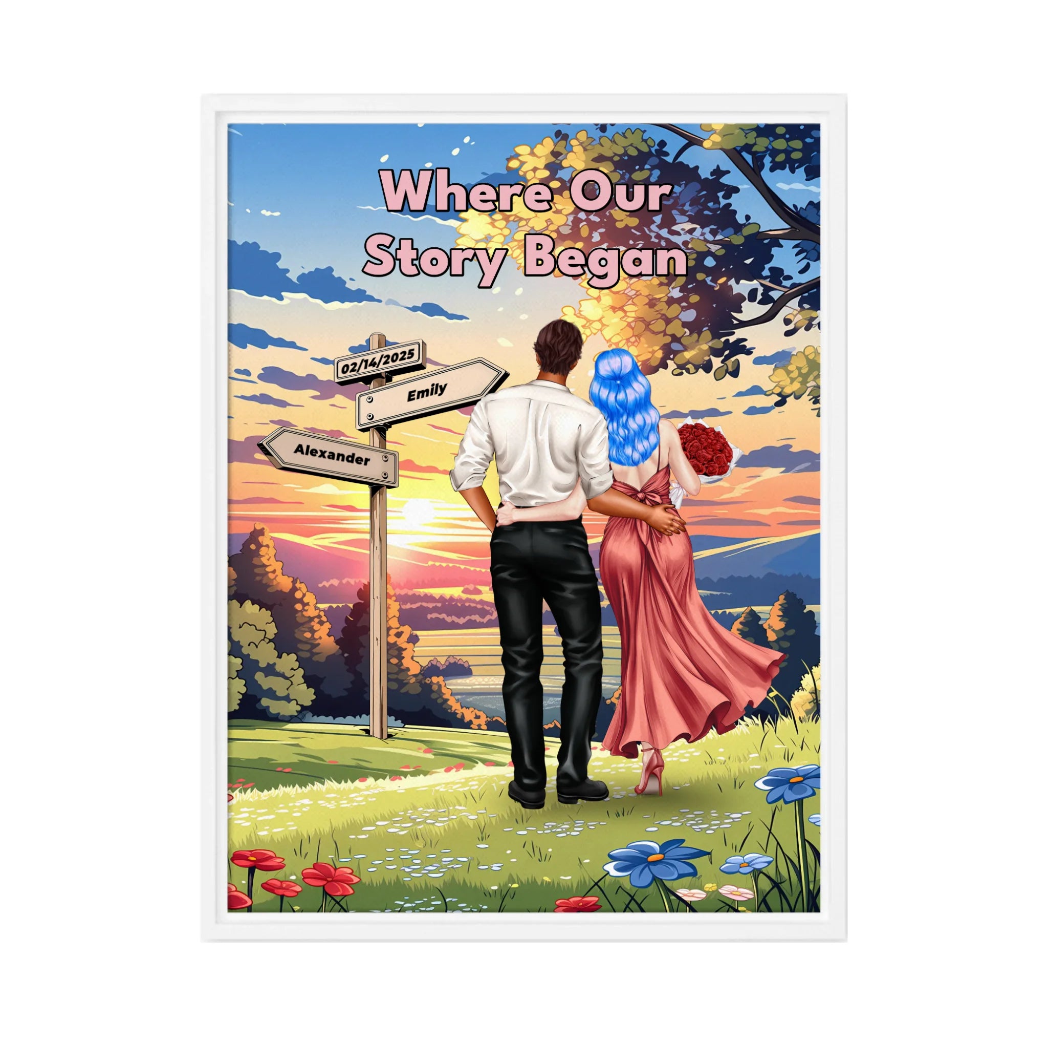 Where Our Story Began personalized couple framed canvas of two people standing together at sunset with a custom title above them, names and date on a wooden signpost, and personalized characters — LOVECOUPLET