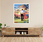 Where Our Story Began personalized couple framed canvas of two people standing together at sunset with a custom title above them, names and date on a wooden signpost, and personalized characters — LOVECOUPLET