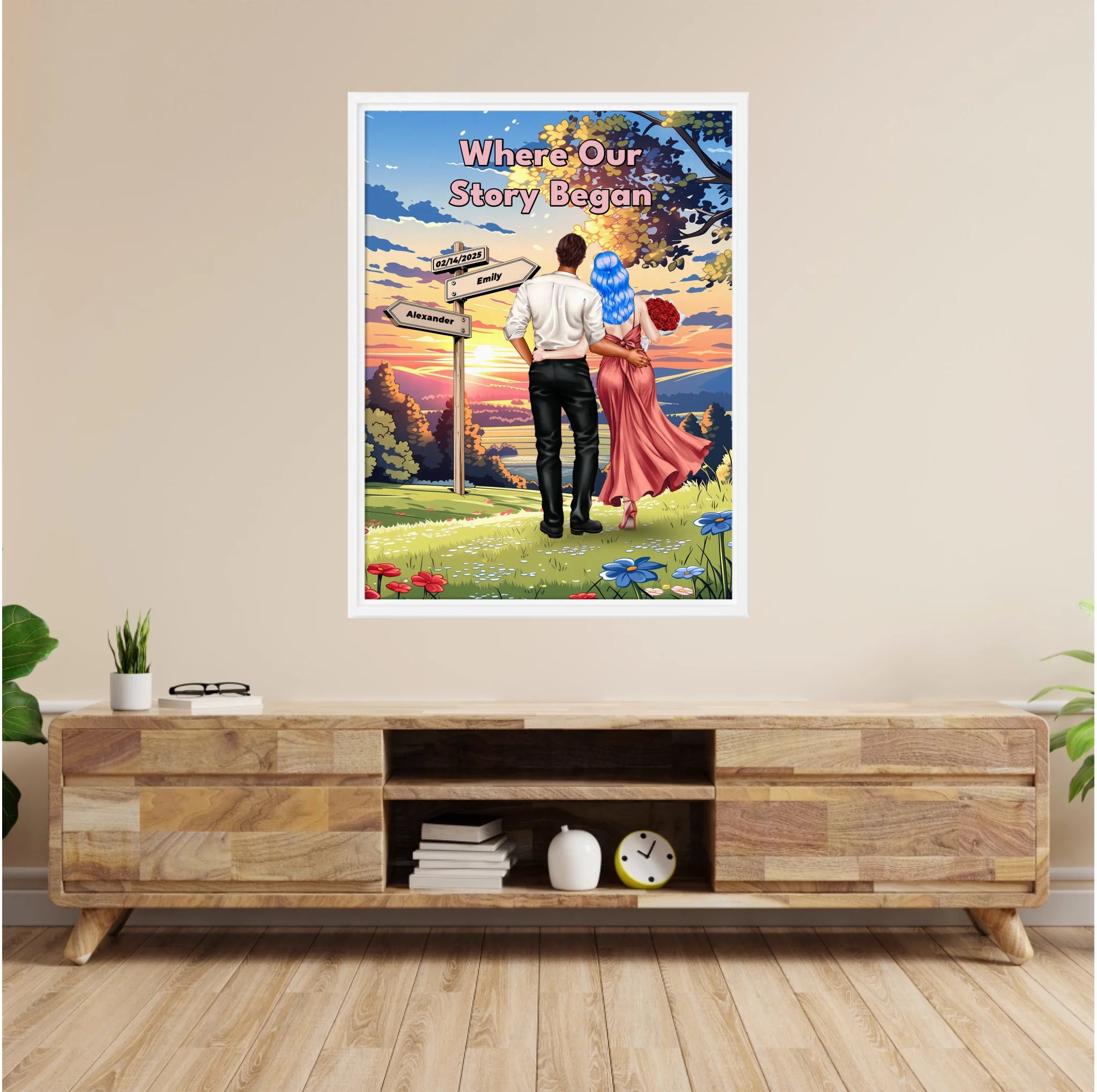 Where Our Story Began personalized couple framed canvas of two people standing together at sunset with a custom title above them, names and date on a wooden signpost, and personalized characters — LOVECOUPLET