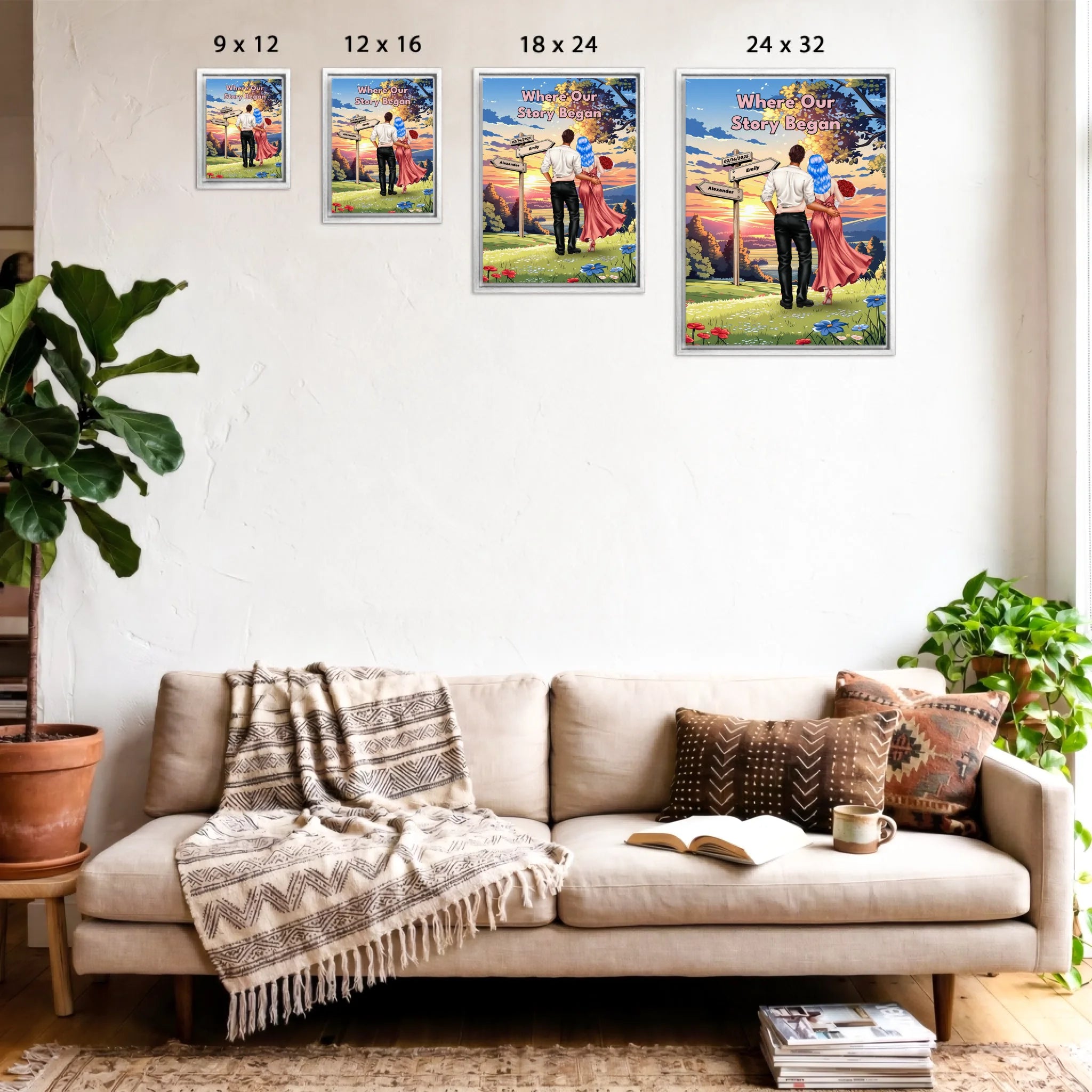 Where Our Story Began personalized couple framed canvas of two people standing together at sunset with a custom title above them, names and date on a wooden signpost, and personalized characters — LOVECOUPLET