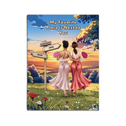 Where Our Story Began personalized lesbian couple canvas of two people standing together at sunset with a custom title above them, names and date on a wooden signpost, and personalized characters — LOVECOUPLET