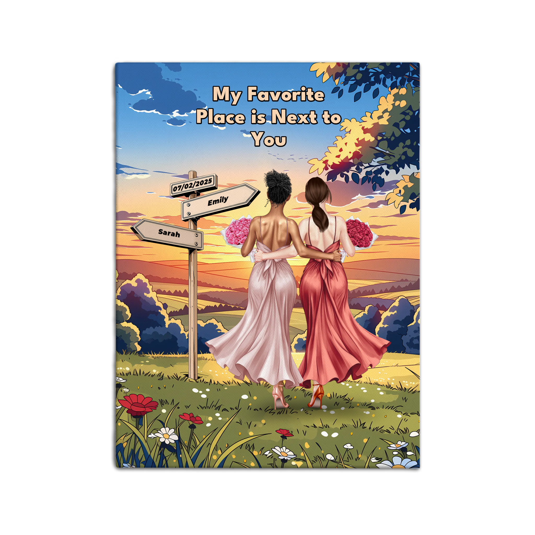 Where Our Story Began personalized lesbian couple canvas of two people standing together at sunset with a custom title above them, names and date on a wooden signpost, and personalized characters — LOVECOUPLET