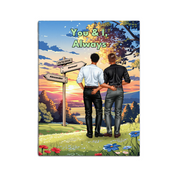 Where Our Story Began personalized gay couple canvas of two people standing together at sunset with a custom title above them, names and date on a wooden signpost, and personalized characters — LOVECOUPLET