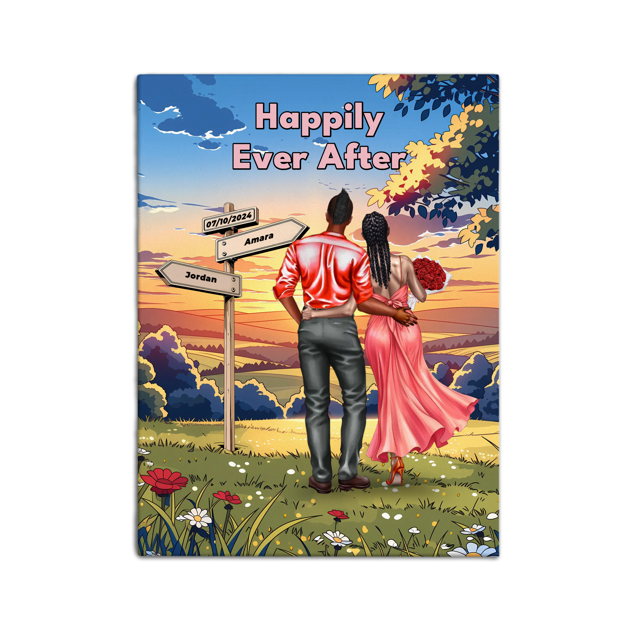 Where Our Story Began personalized couple canvas of two people standing together at sunset with a custom title above them, names and date on a wooden signpost, and personalized characters — LOVECOUPLET