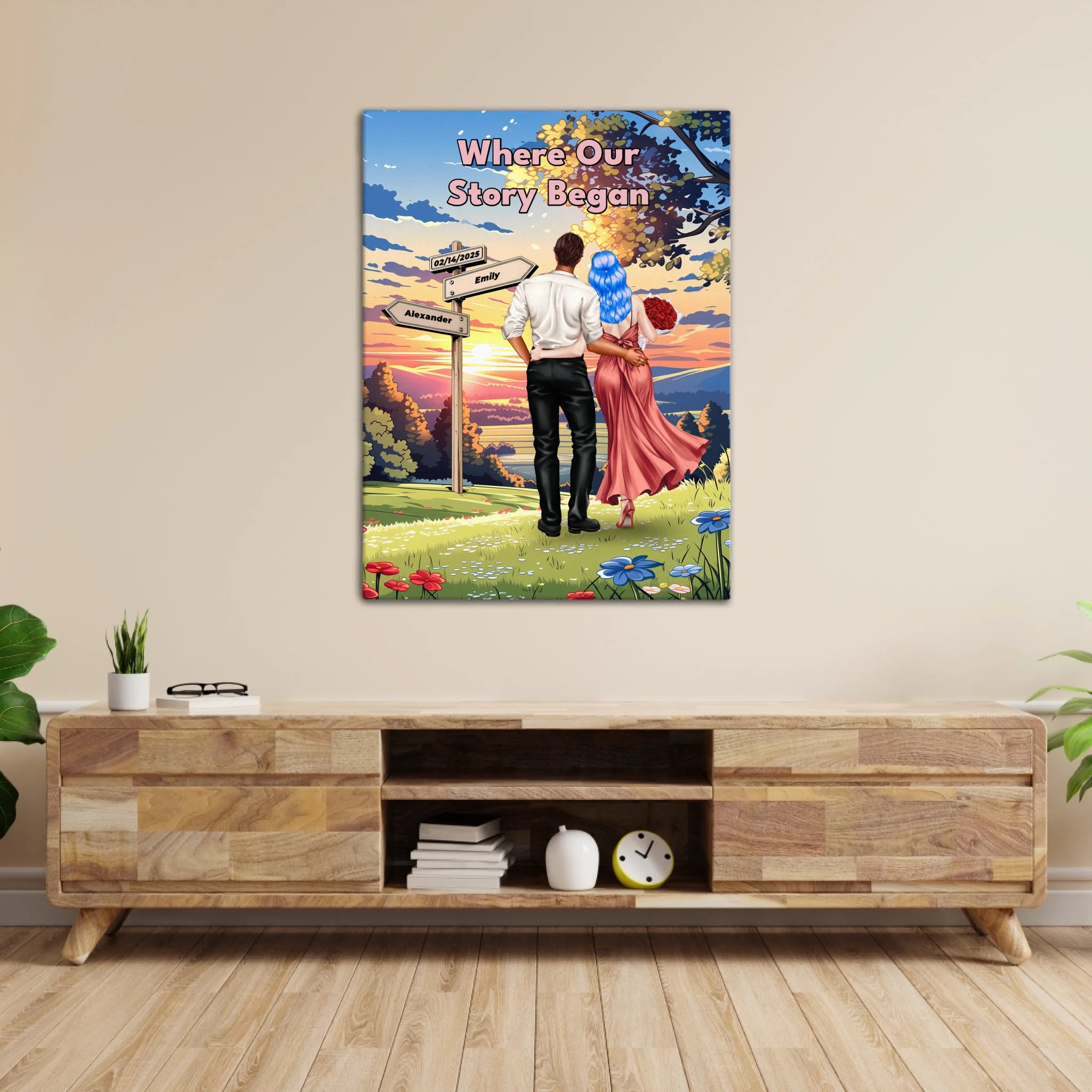 Where Our Story Began personalized couple canvas of two people standing together at sunset with a custom title above them, names and date on a wooden signpost, and personalized characters — LOVECOUPLET