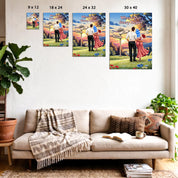Where Our Story Began personalized couple canvas of two people standing together at sunset with a custom title above them, names and date on a wooden signpost, and personalized characters — LOVECOUPLET
