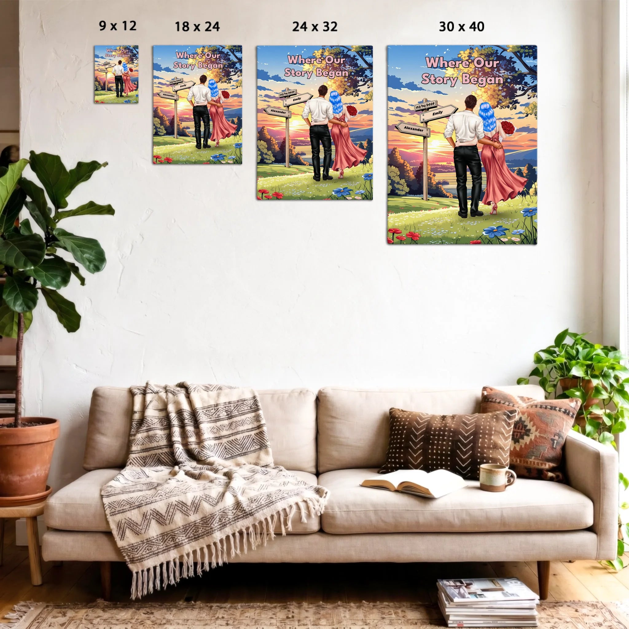 Where Our Story Began personalized couple canvas of two people standing together at sunset with a custom title above them, names and date on a wooden signpost, and personalized characters — LOVECOUPLET
