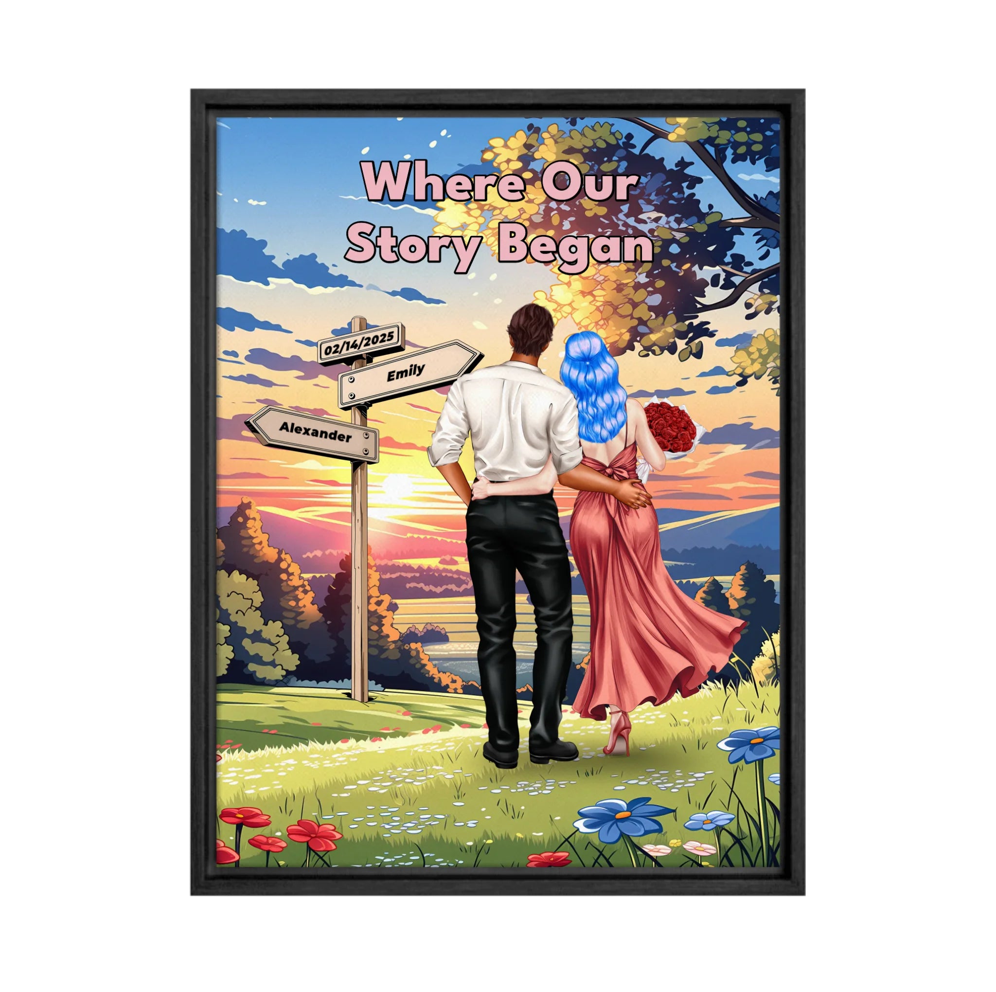 Where Our Story Began personalized couple framed canvas of two people standing together at sunset with a custom title above them, names and date on a wooden signpost, and personalized characters — LOVECOUPLET