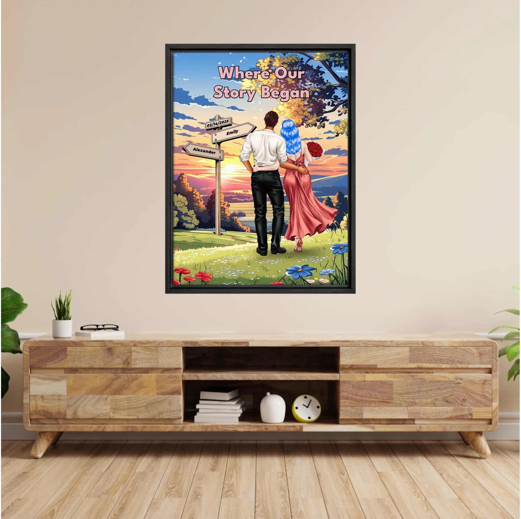 Where Our Story Began personalized couple framed canvas of two people standing together at sunset with a custom title above them, names and date on a wooden signpost, and personalized characters — LOVECOUPLET