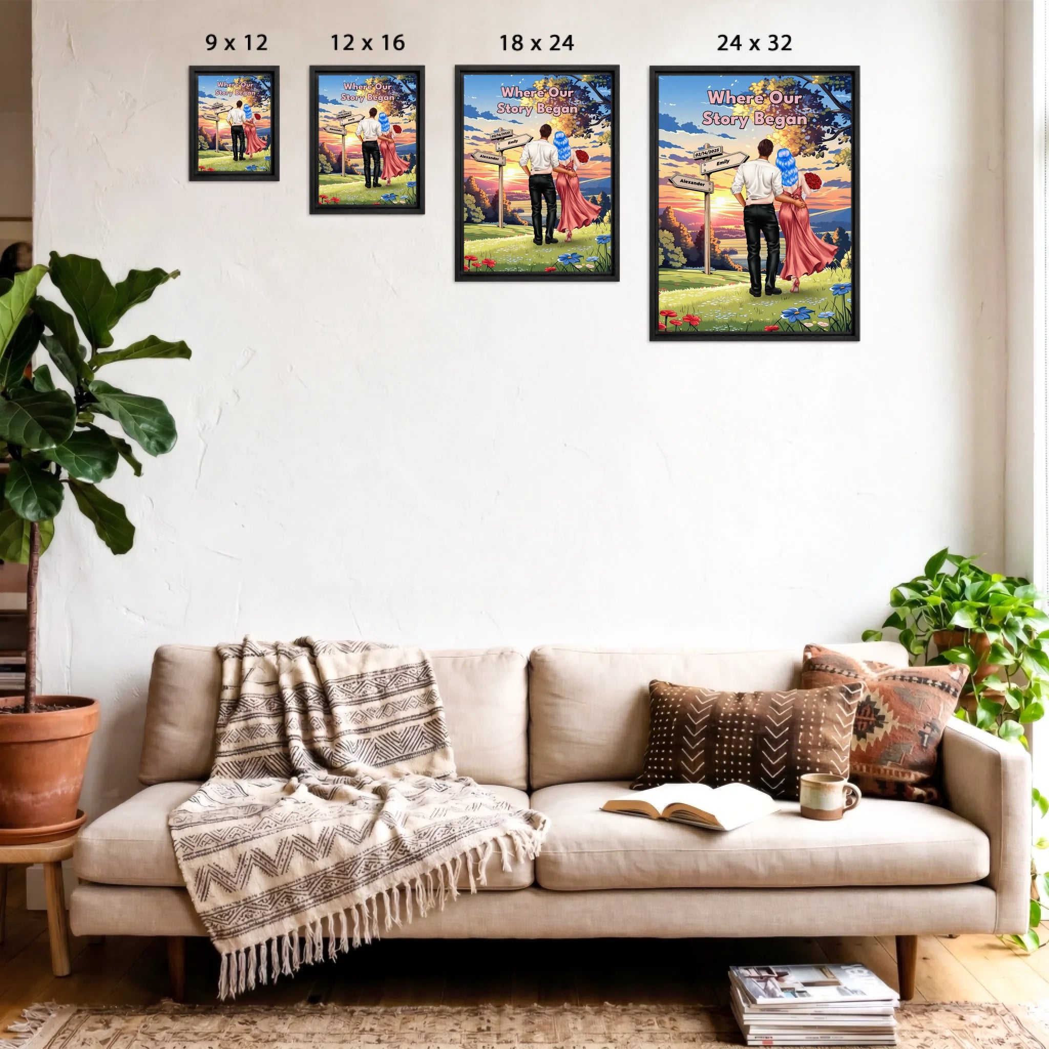 Where Our Story Began personalized couple framed canvas of two people standing together at sunset with a custom title above them, names and date on a wooden signpost, and personalized characters — LOVECOUPLET