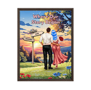 Where Our Story Began personalized couple framed canvas of two people standing together at sunset with a custom title above them, names and date on a wooden signpost, and personalized characters — LOVECOUPLET