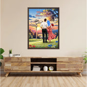 Where Our Story Began personalized couple framed canvas of two people standing together at sunset with a custom title above them, names and date on a wooden signpost, and personalized characters — LOVECOUPLET