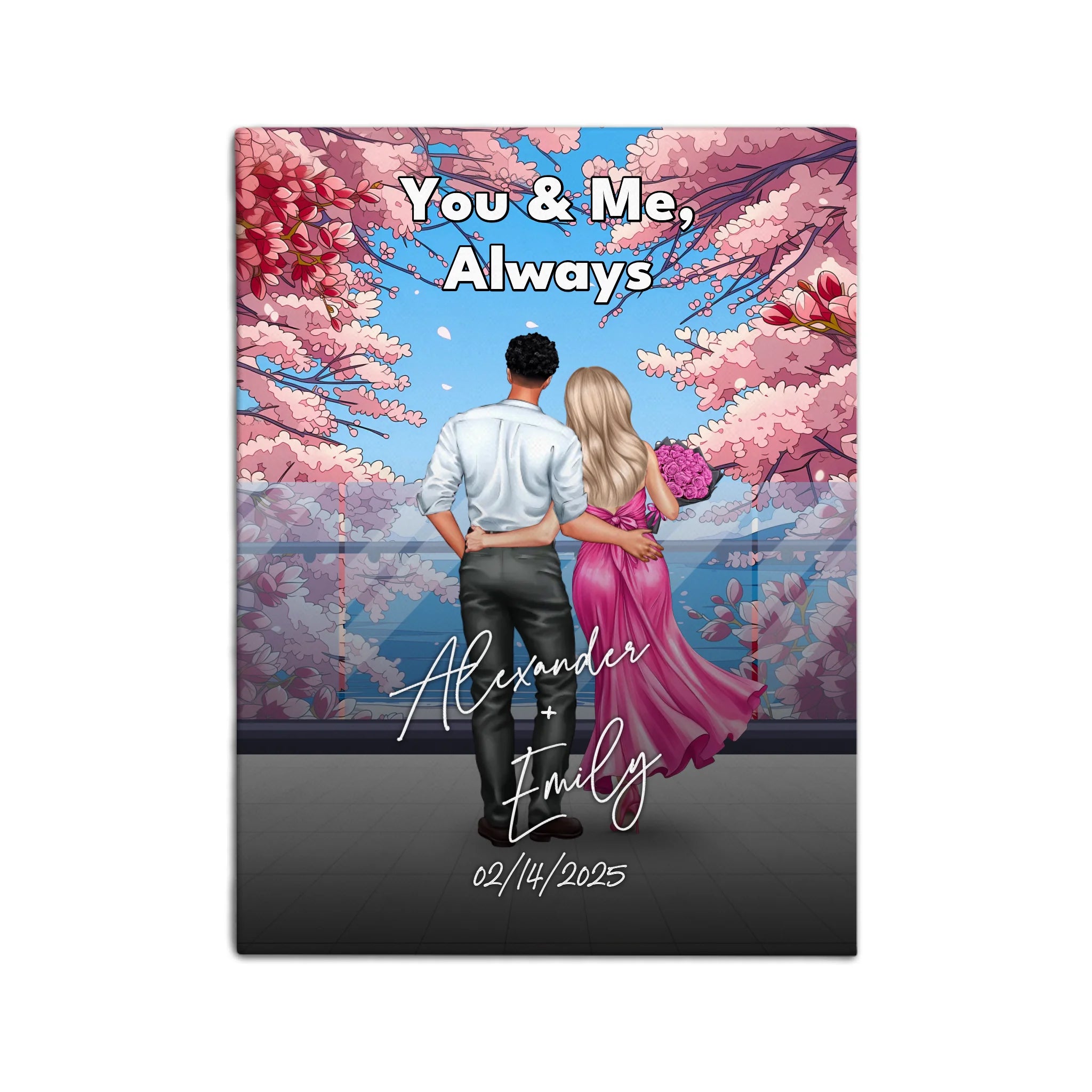 You & Me Always personalized couple canvas of two people standing together beneath blooming pink flowers, with a custom title, handwritten names, date, and personalized characters — LOVECOUPLET