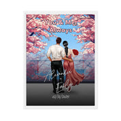 You & Me Always personalized couple framed canvas of two people standing together beneath blooming pink flowers, with a custom title, handwritten names, date, and personalized characters — LOVECOUPLET