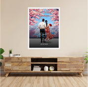 You & Me Always personalized couple framed canvas of two people standing together beneath blooming pink flowers, with a custom title, handwritten names, date, and personalized characters — LOVECOUPLET