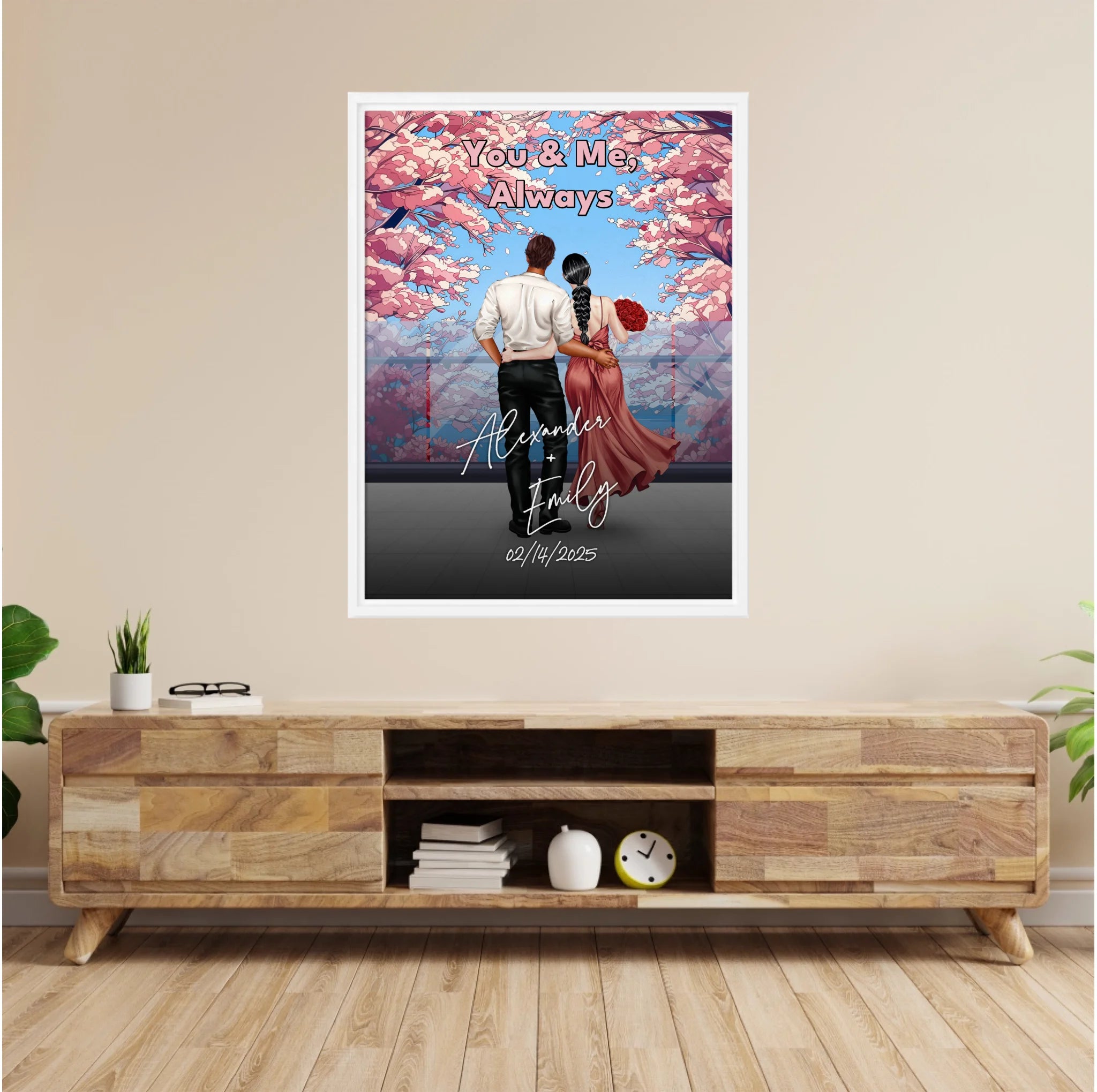 You & Me Always personalized couple framed canvas of two people standing together beneath blooming pink flowers, with a custom title, handwritten names, date, and personalized characters — LOVECOUPLET