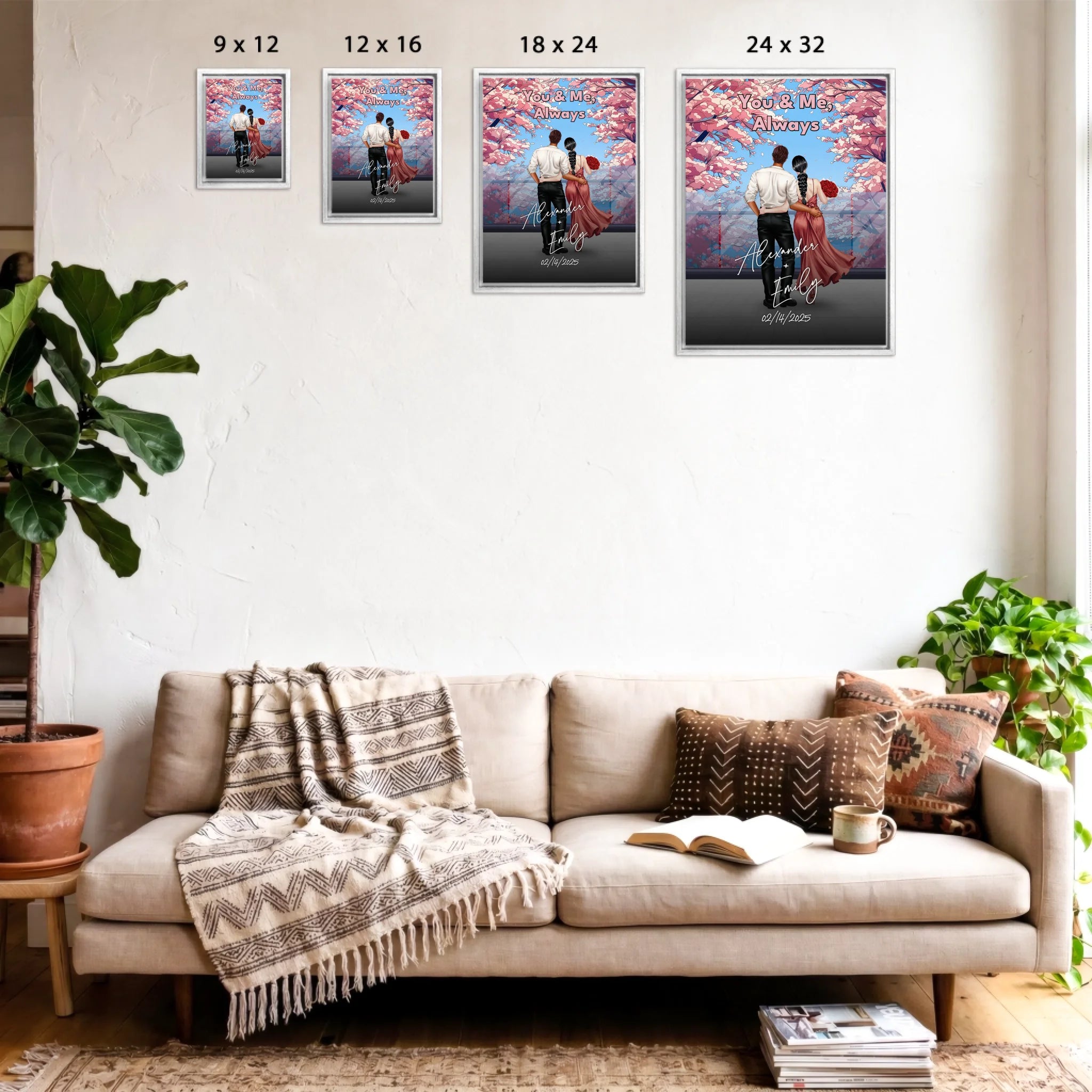 You & Me Always personalized couple framed canvas of two people standing together beneath blooming pink flowers, with a custom title, handwritten names, date, and personalized characters — LOVECOUPLET